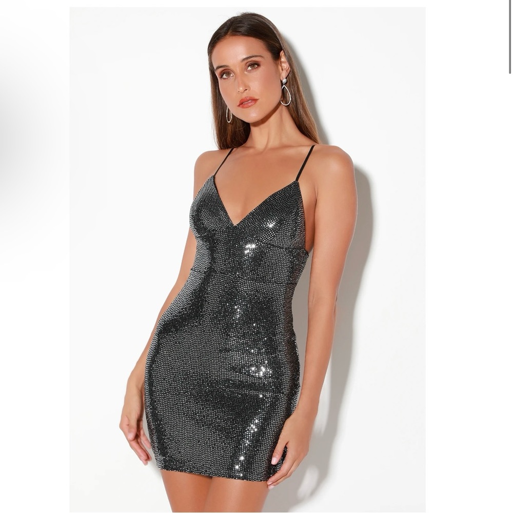 Lulus Let It Glow Black Silver Sequin Bodycon Mini Dress